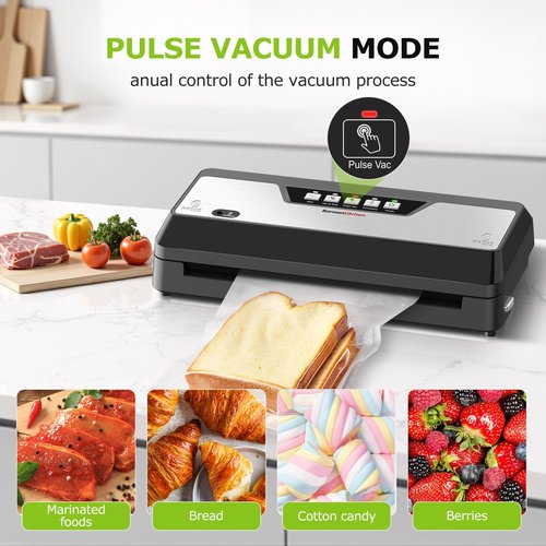 Bonsenkitchen Vacuum Sealer Machine, Built-in Cutter | Bag Storage, Multifunctional Food Sealer for Sous Vide & Meal Prep, 1 Roll Bag & 5 Pre-Cut Bags, Black-Stainless Steel