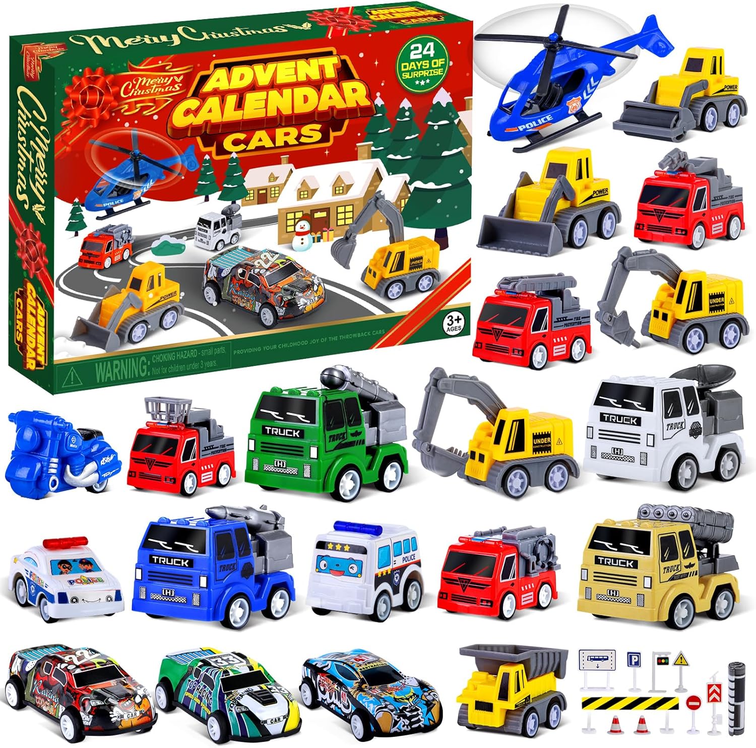 Quanquer Kids Advent Calendar - 24 Days Christmas Countdown with Pull Back Cars for Boys & Toddlers