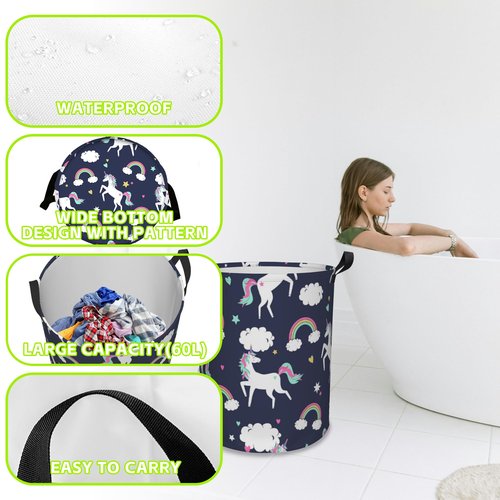 Naqiuli Laundry Basket Unicorns and Rainbows Laundry Hamper Large Laundry Basket Storage Basket Tote Bag Collapsible Organizer Basket for Bathroom,Laundry,Bedroom 17.3 x16.5 Inch