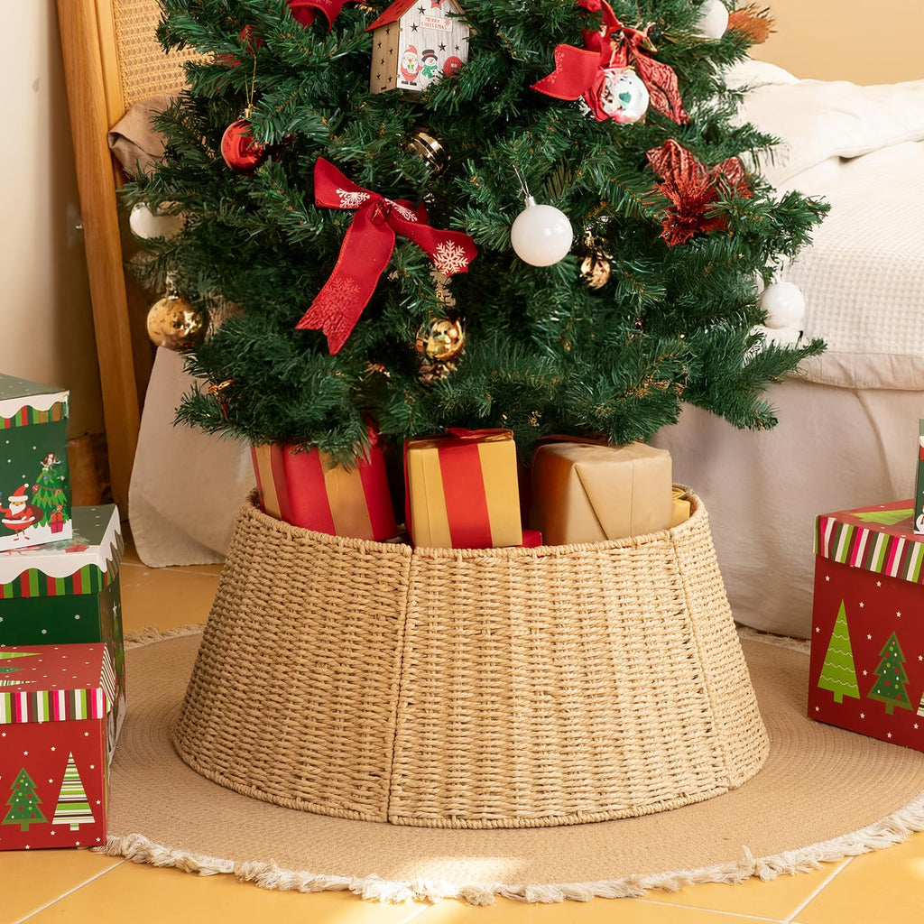 OIAHOMY Christmas Tree Collar, Wicker Holiday Tree Skirt & Stand Base Cover,Paper Rope Christmas Decor, Natural-24 inch
