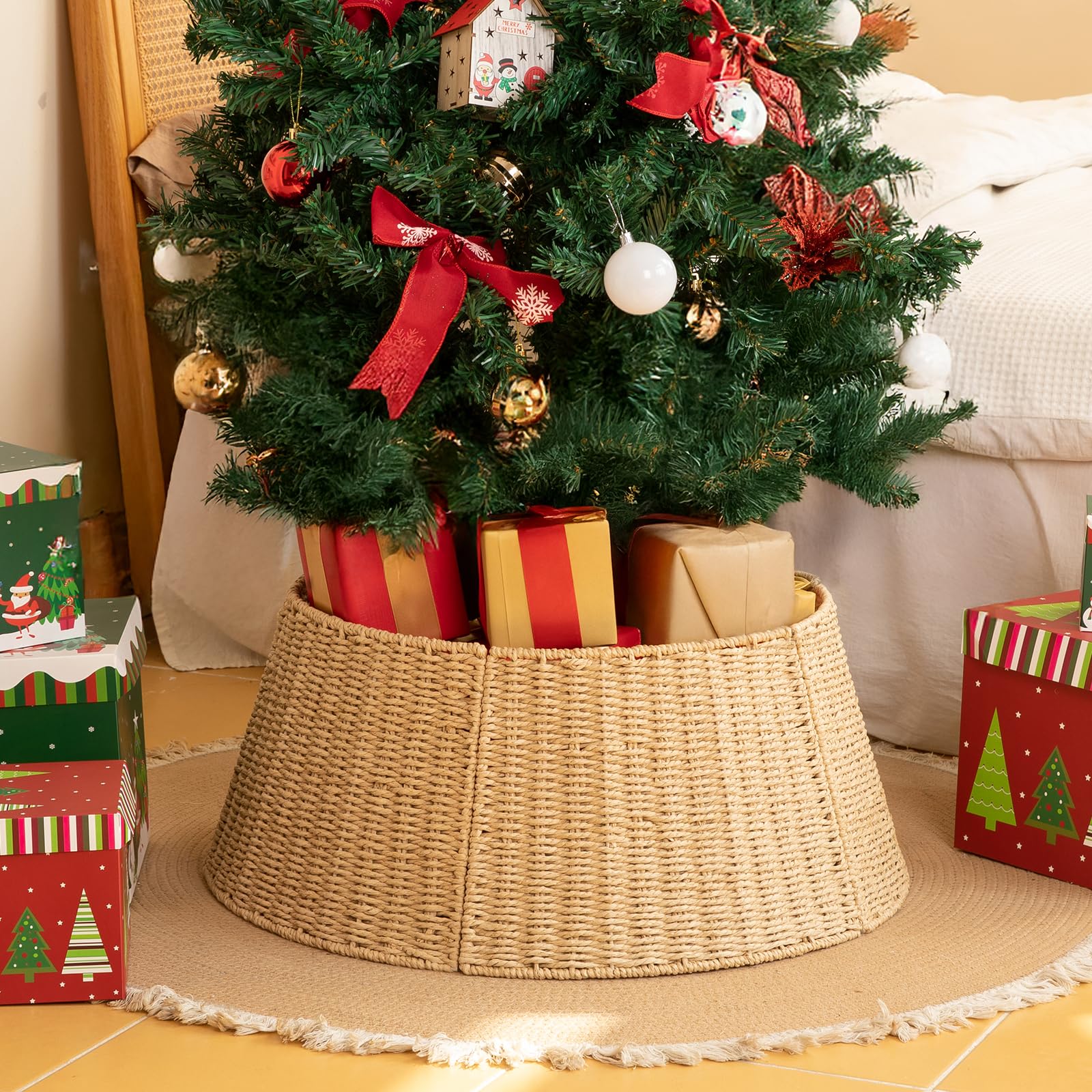 OIAHOMY Christmas Tree Collar, Wicker Holiday Tree Skirt & Stand Base Cover,Paper Rope Christmas Decor, Natural-24 inch