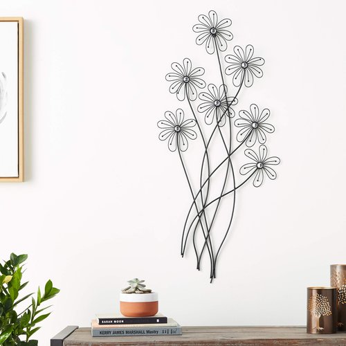Deco 79 Metal Floral Home Wall Decor 3D Wire Wall Sculpture with Crystal Embellishments, Wall Art 40" x 19" x 1", Black