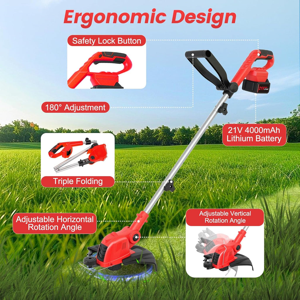Skiennix Cordless String Trimmer - 21V Weed Wacker with 2x4.0Ah Batteries & Fast Charger | 12" Automatic Feed Garden Tool