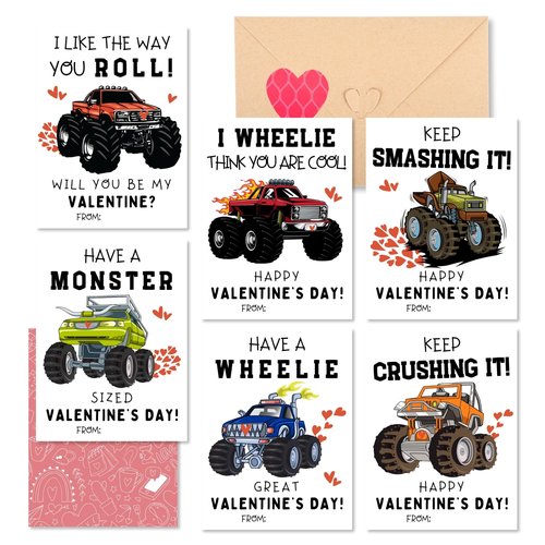 VIZAUZIE Monster Truck Valentines Cards for Kids - 48 Packs Valentine Day Cards Classroom for Boys - School Valentine's Card Bulks with Envelopes & Heart Stickers