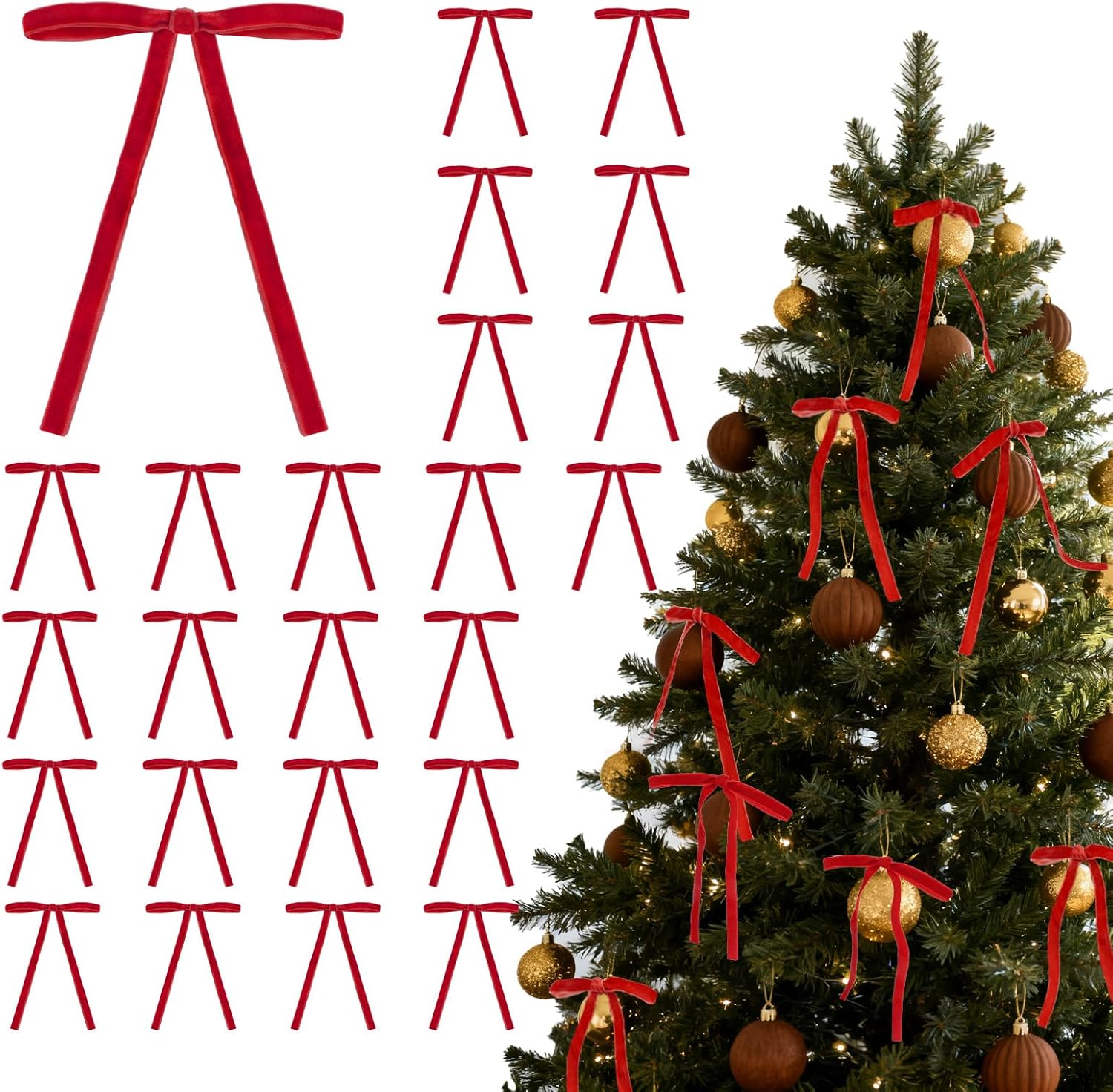 Regine Switzerland 24Pcs Velvet Bows | Red Christmas Tree Ornaments for Festive Decor