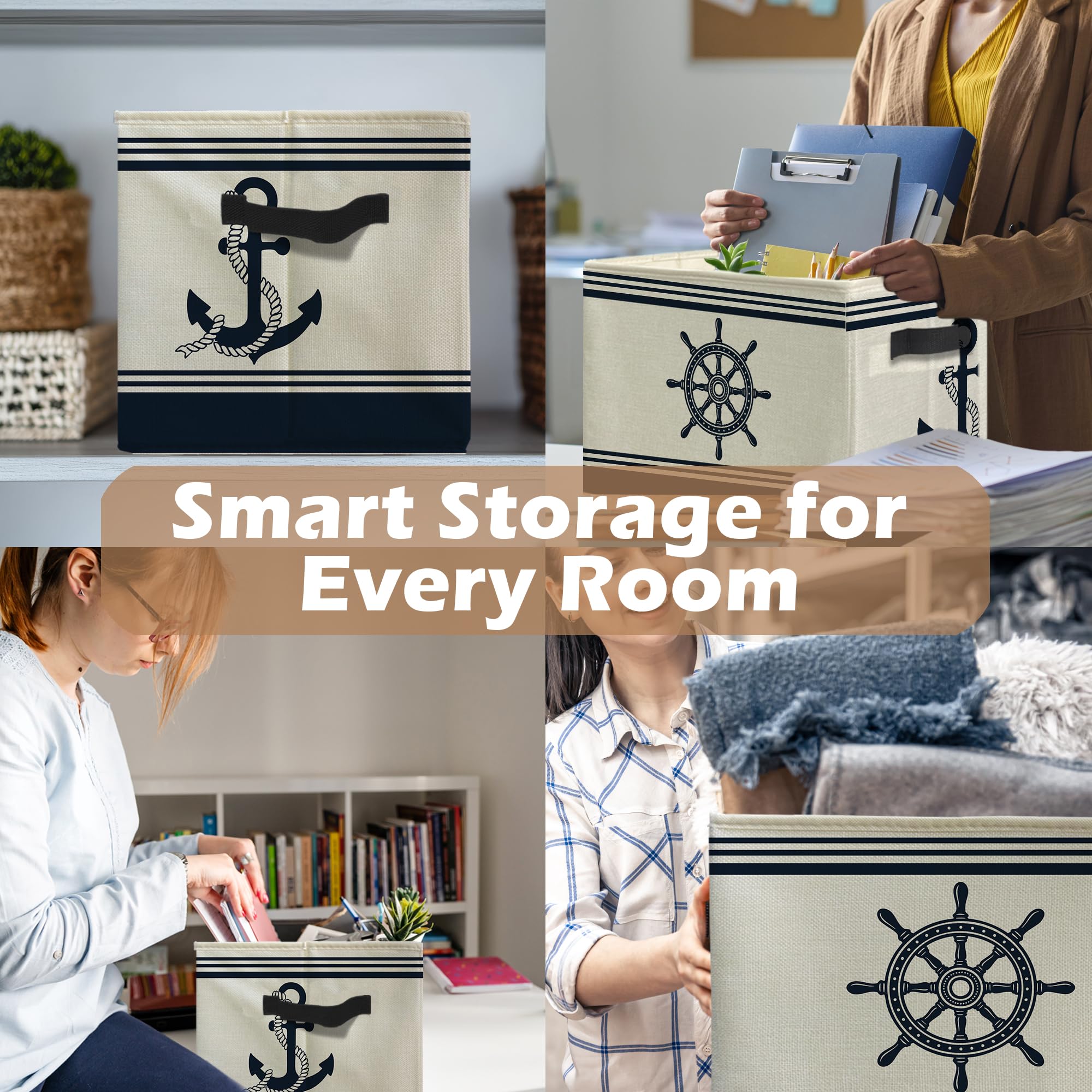 uinwk Navy Blue Nautical Storage Bins, Coastal Beach Boat Anchor Rudder Collapsible Storage Box Laundry Basket with Handle for Home Bedroom Bathroom Office Clothes Toys Books