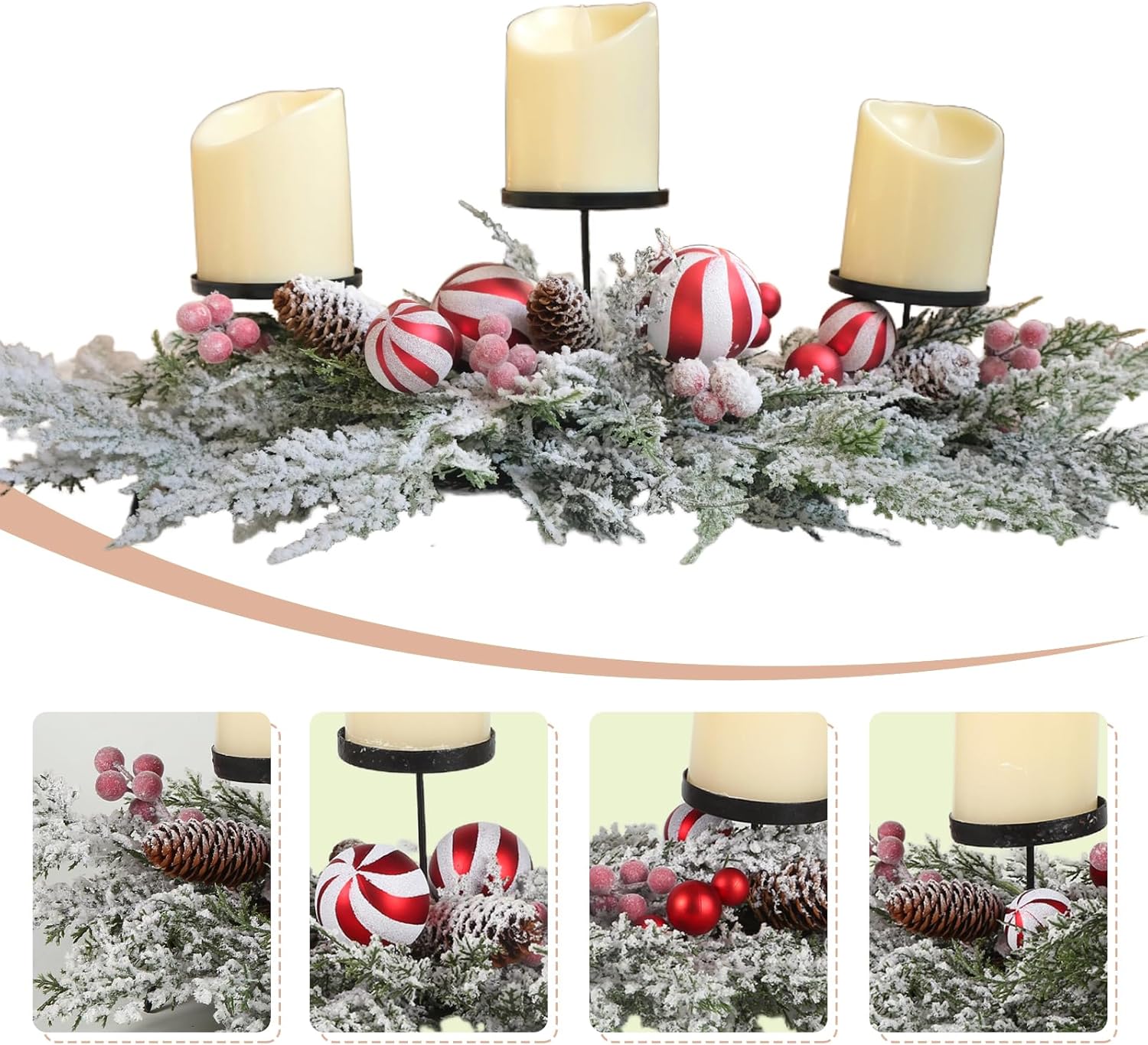 Regine Switzerland 28-Inch Christmas Candle Holder - Festive Red & White Balls with Berries | Holiday Table Centerpiece