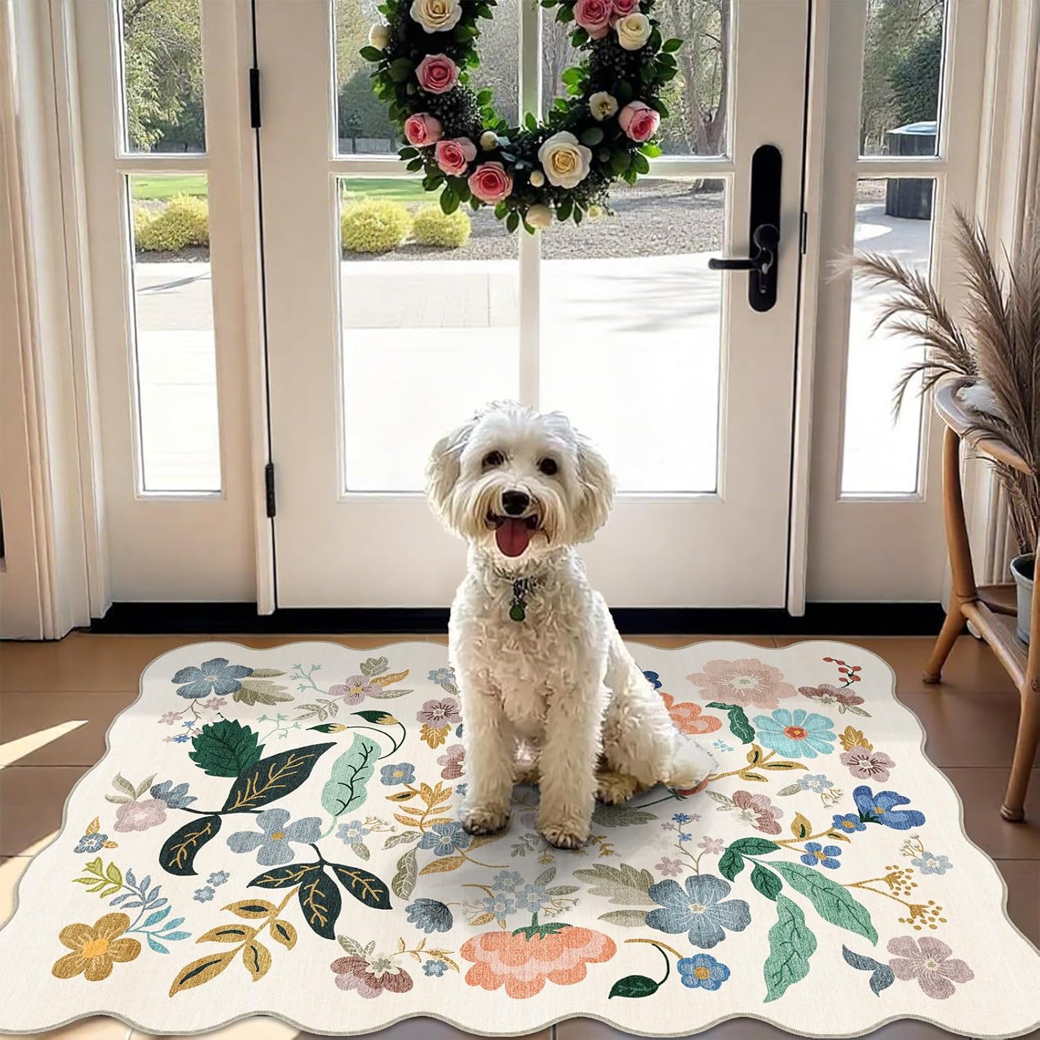 Skiennix Washable 2x3 Entryway Rug - Floral Non-Slip Water-Resistant Soft Carpet for Indoor Use (Cream)