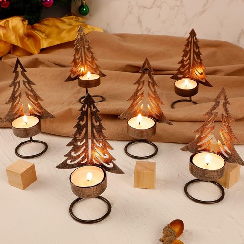 Juegoal Set of 6 Tea Light Candle Holders - Rust-Proof Metal Xmas Tree Centerpiece for Holiday Decor