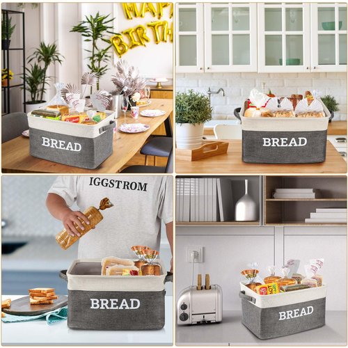 Lukeline Bread Storage Basket for Kitchen, Foldable Fabric Bread Keeper Bread Storage Container Bin with Handles, Bread Baskets for Kitchen Counter and Pantry (White & Grey)