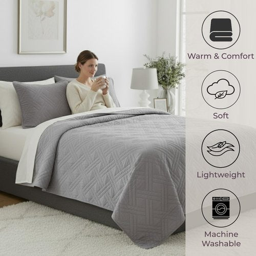 Lavish Home Twin Size Quilt Bedding Coverlet - All-Season Washable Lightweight Quilt Bedspread - Basket-Weave Polyester Bedding with Quilted Blanket Pattern (Gray)