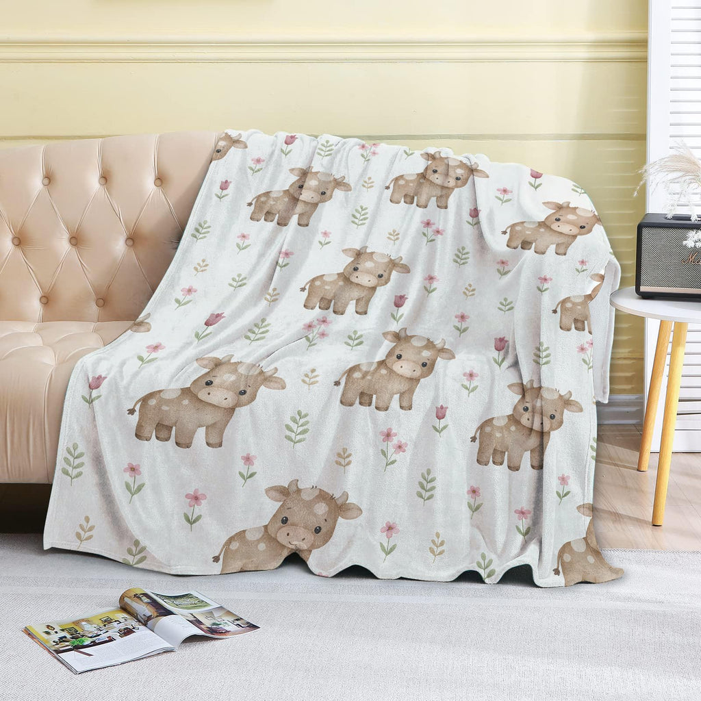 coedoaes Cute Cow Fleece Blanket,50x60in,Beige Calf Pink Flower Leaves Throw Blankets,Soft Cozy Lightweight, Ideal for Bed Living Room Home Farm Decor,Kids Gifts