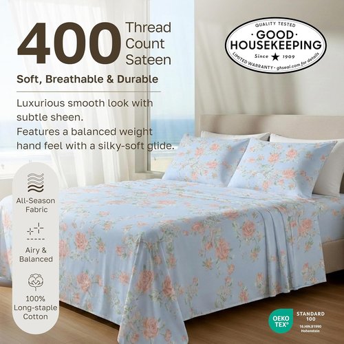 California Design Den Twin Bed Sheets Set - 100% Cotton, 400 Thread Count, Floral Blue/Pink, Award-Winning Comfort