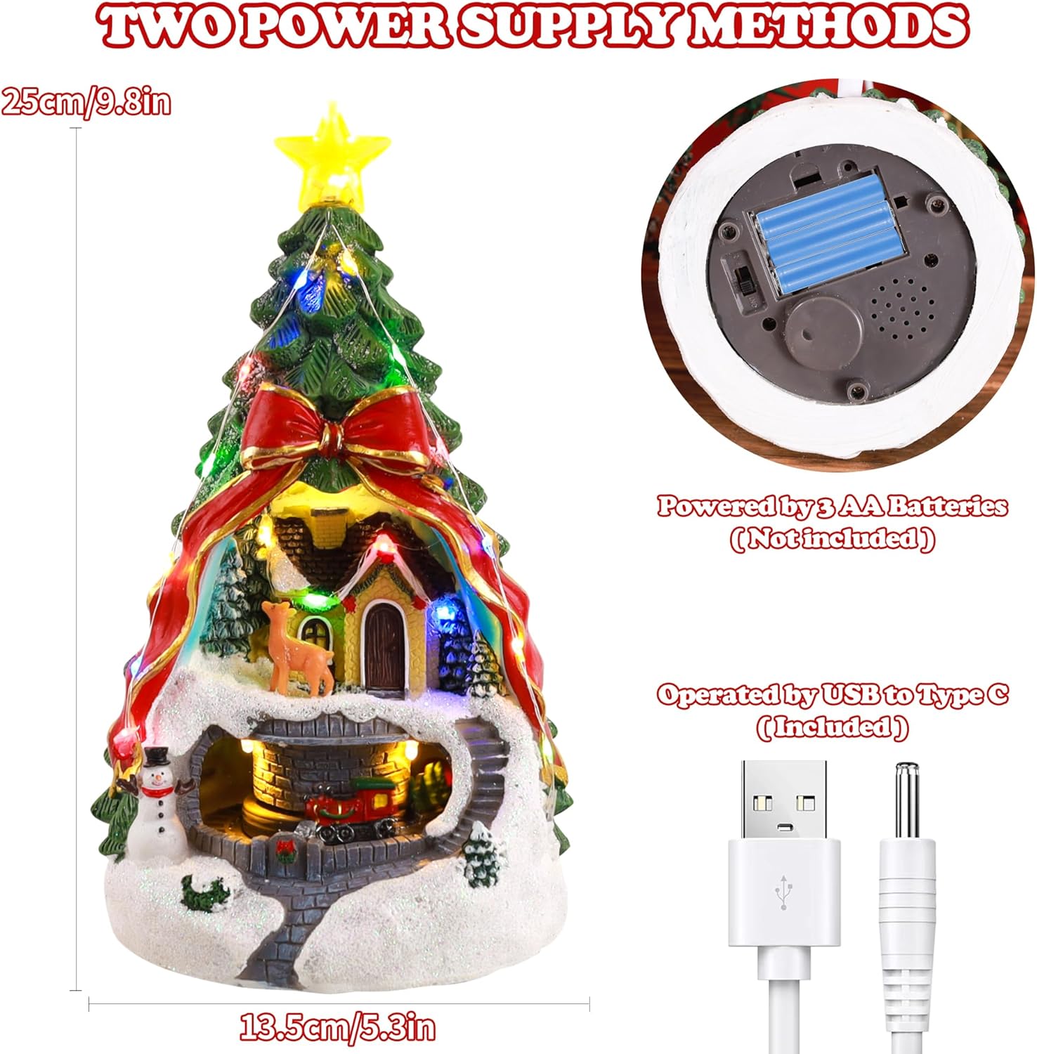 Musical Christmas Village with Spinning Train & Deer | Pre-Lit Artificial Tree - Battery & USB Operated - Festive Tabletop Decor