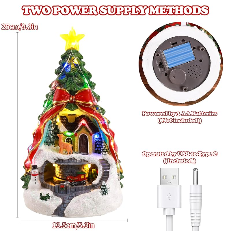 Musical Christmas Village House Set with Light, Spinning Train & Deer — Variation: Christmas Tree + Train