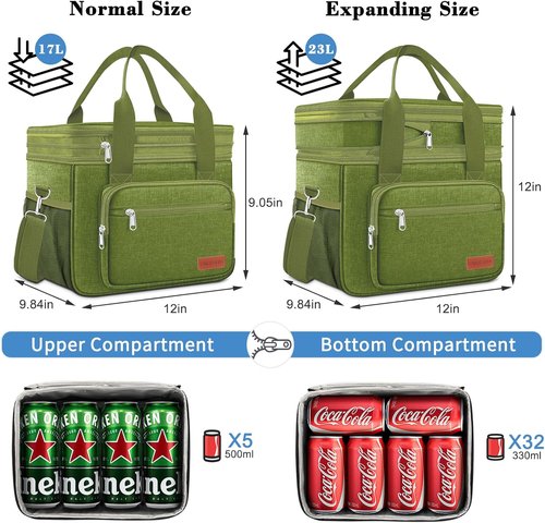 Coobiiya Insulated Lunch Bag Cooler - 23L Expandable, Leakproof Design with 4 Ice Packs & 10 Snack Bags | Perfect for Travel & Camping
