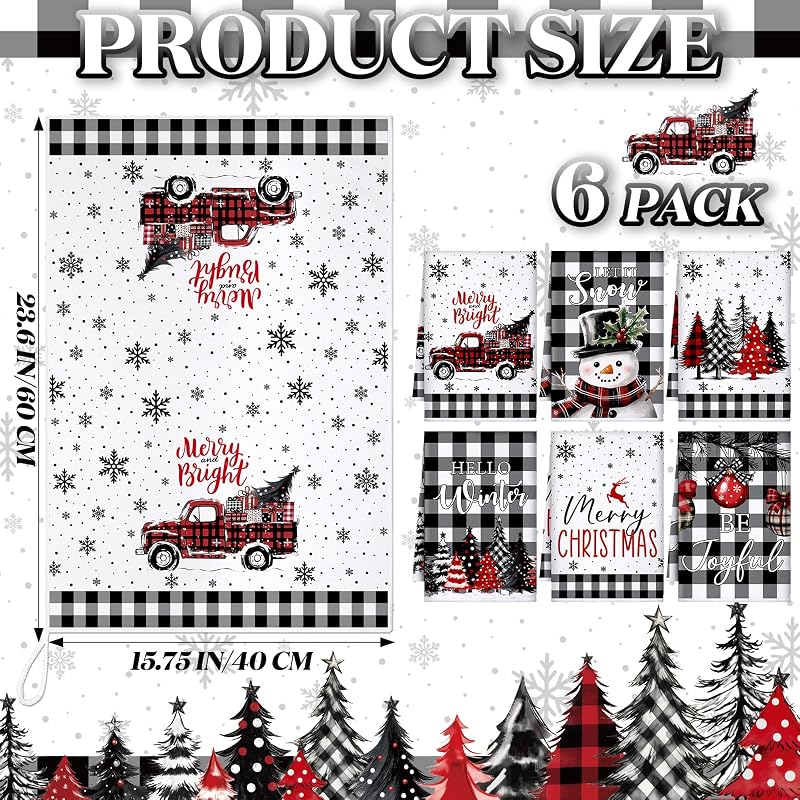 6 Pcs Christmas Kitchen Towels - Black & White Plaid, 16x24 in, 6-Pack (Variation: Black and White)
