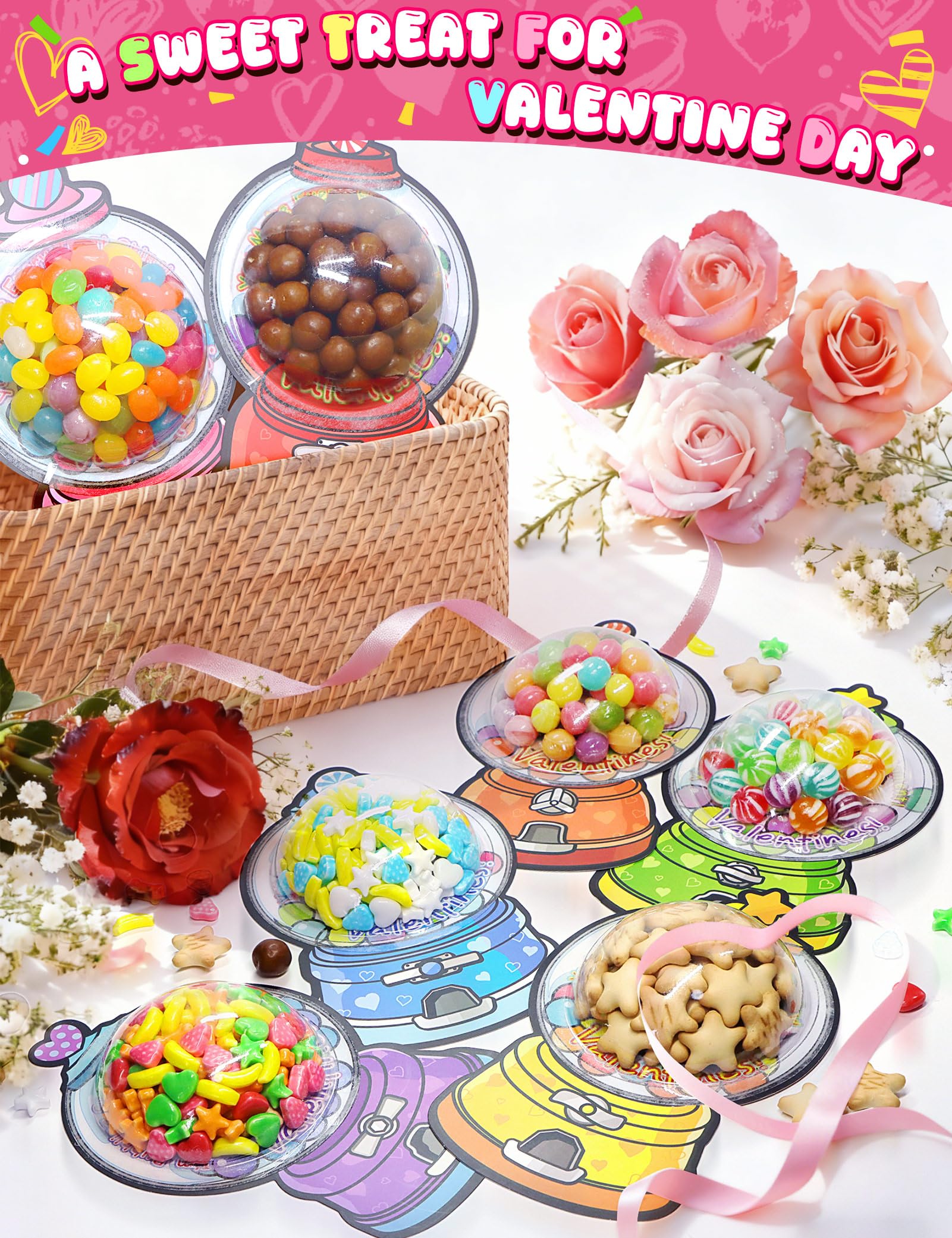 56 PCS Gumball Machine Valentines Candy Card Set, DIY Valentine Cards with Plastic Domes, Valentines for Kids Party Favor, Valentine School Classroom Exchange Prizes for Girls Boys（No Snacks Inside）