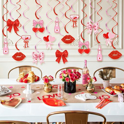 K KUMEED 20 Pcs Valentine's Day Party Decorations,Glitter Heart Cherry Bow Hanging Swirls,Red Pink Valentines Day Party Supplies Home Classroom Office Wedding Party Anniversary