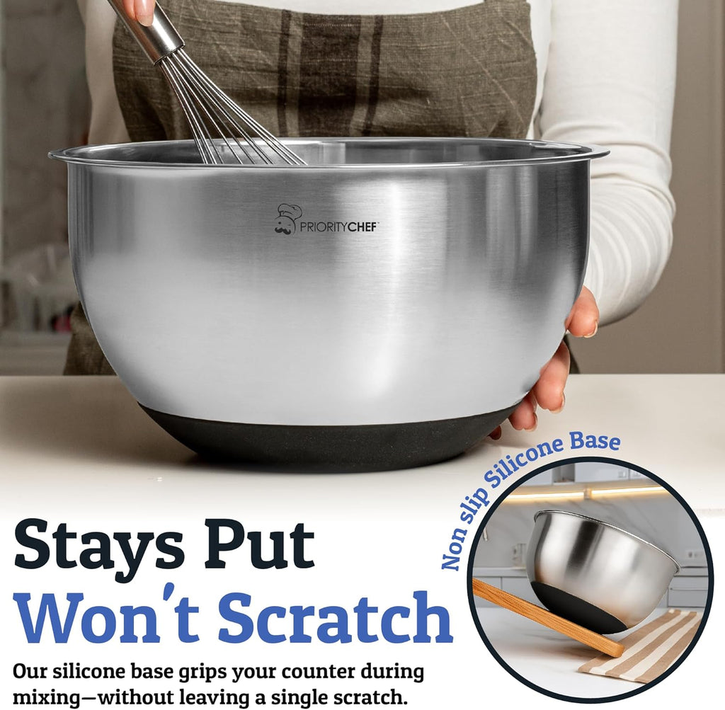 Priority Chef Stainless Steel Mixing Bowls Set - Airtight Lids, Non-Slip Base & Utensil Set | Black