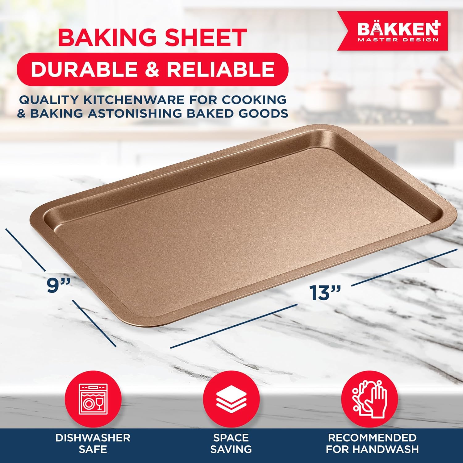 BAKKEN Nonstick Baking Pans - Commercial Grade Carbon Steel Cookie Sheet, 13.18" x 8.66", Oven Safe to 450°F, Brown