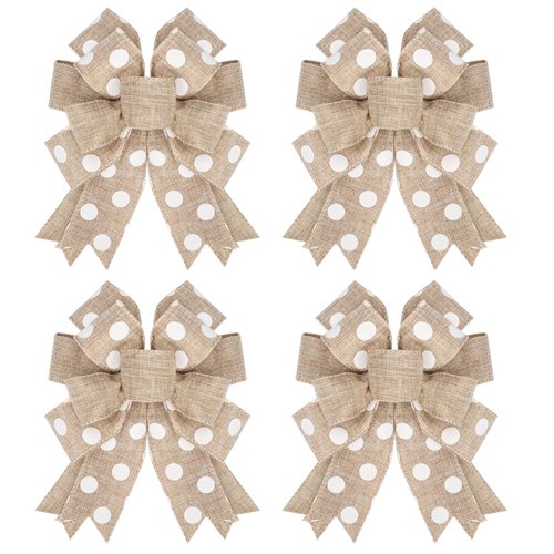 chmacura 4 Pieces Natural Burlap Wreath Bow 5 x 7 Inches Circle Dots Craft Bow Birthday Anniversary Tree Topper Ornament Bow for Home Front Door Decorations
