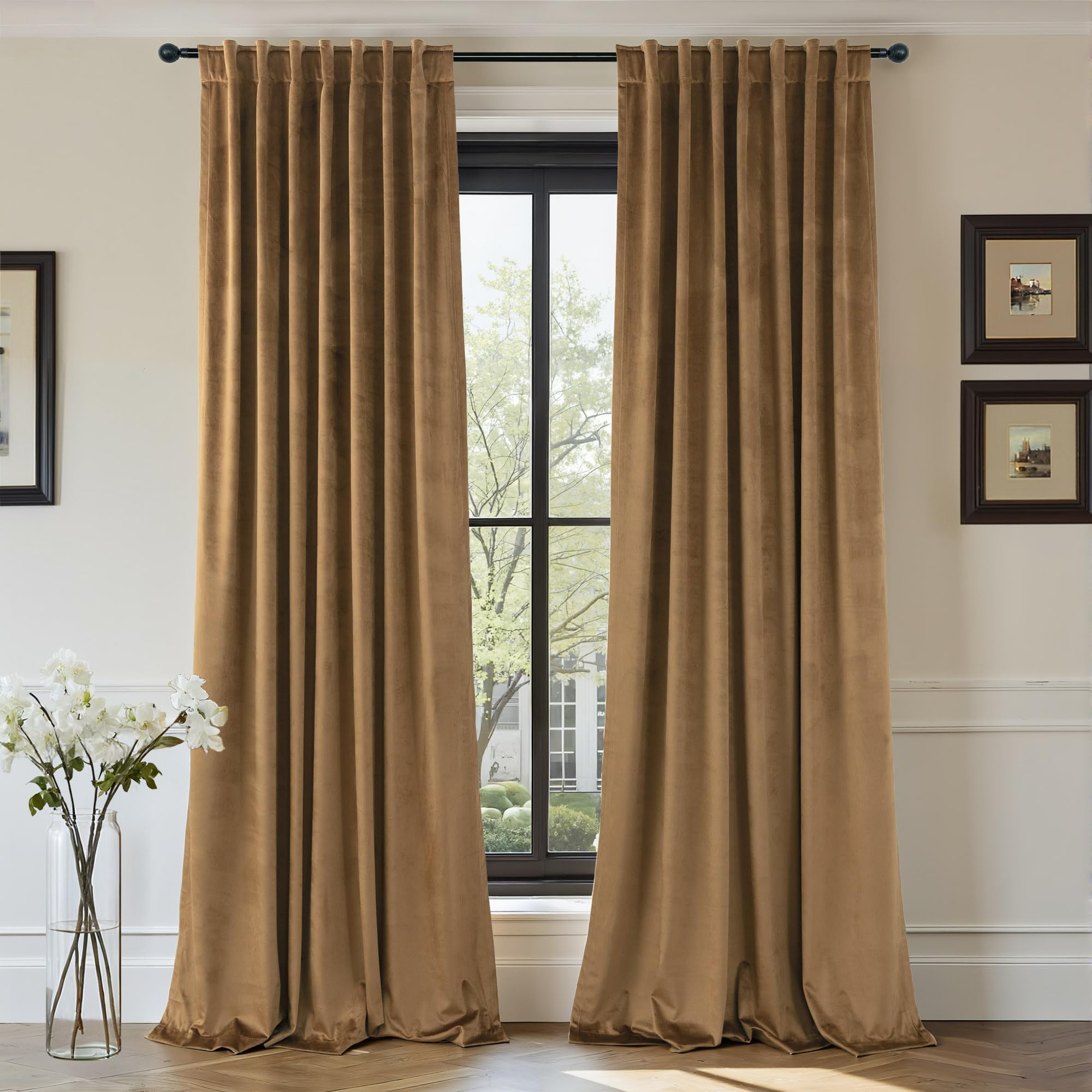 Velvet Curtains 84 Inch Length 2 Panels Set Gold Brown Light Blocking Thermal Insulated Room Darkening Window Drapes Soft Luxury Curtain for Living Room Bedroom Back Tab Pleated Pocket 7ft Long Golden