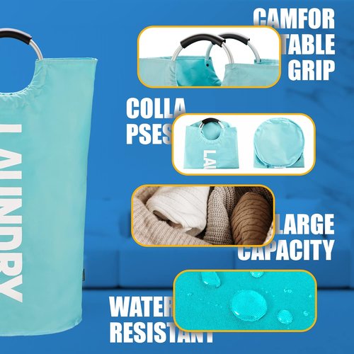 Caroeas 125L Laundry Basket - Large Collapsible Hamper with Padded Handles | Sturdy Free-Standing Design in Light Blue
