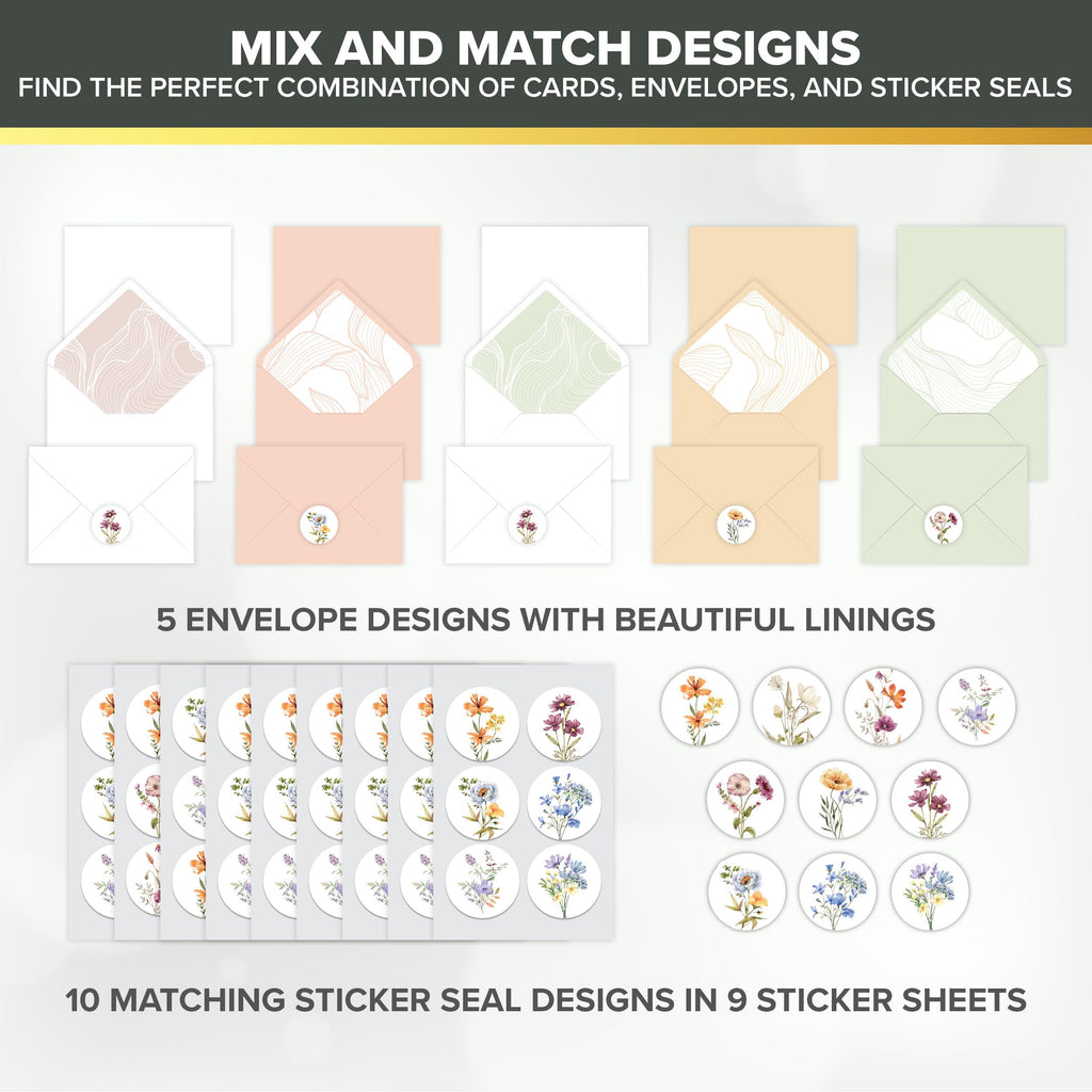 Decorably 50 Pack 4x6in Bulk Sympathy Cards with Envelopes & Stickers, 10 Folded Floral Designs with Printed Message Inside - Burial, Grief, Bereavement, Loss of Loved Ones