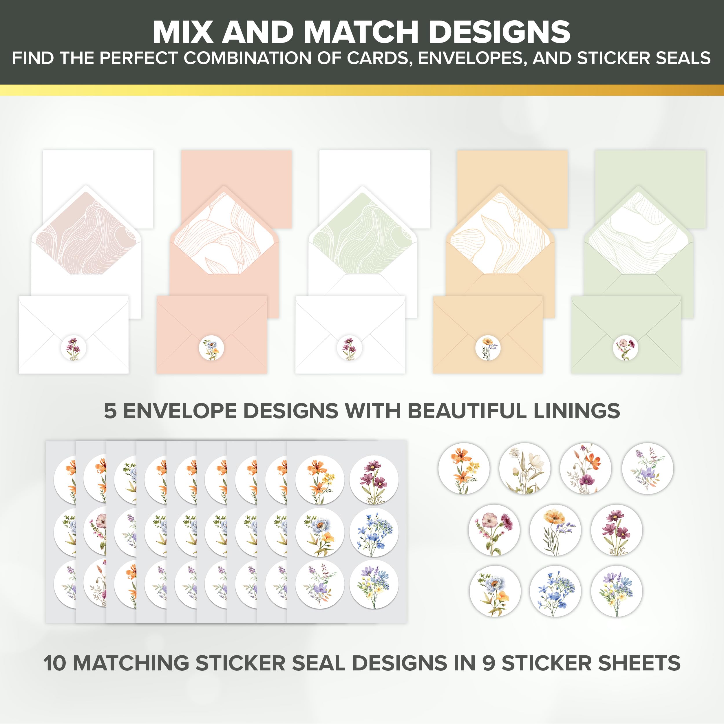 Decorably 50 Pack 4x6in Bulk Sympathy Cards with Envelopes & Stickers, 10 Folded Floral Designs with Printed Message Inside - Burial, Grief, Bereavement, Loss of Loved Ones