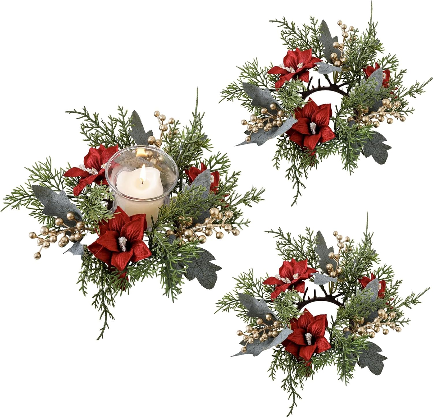 Skiennix Christmas Candle Rings - Elegant Artificial Flower & Gold Berries Holders | 2-Piece Set for Winter Decor