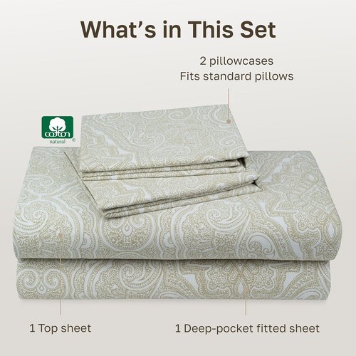 California Design Den 100% Cotton Queen Sheets - Award-Winning 400 TC, Smooth Sateen, Deep Pockets, Paisley Beige