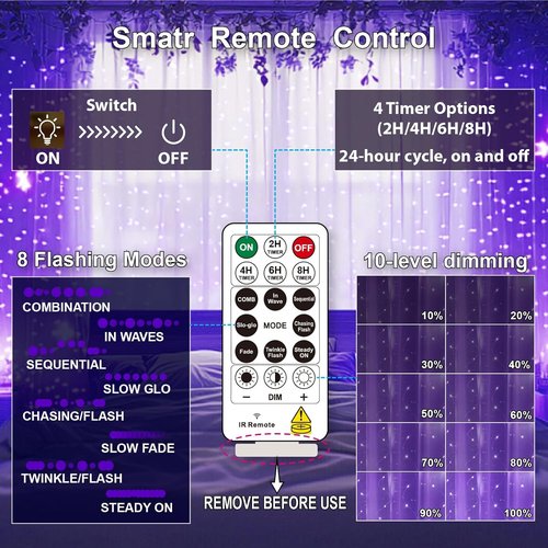 HXWEIYE 300LED Fairy Curtain Lights - 9.8x9.8Ft USB Plug-In with Remote | 8 Modes for Bedroom & Wedding Decor - Purple