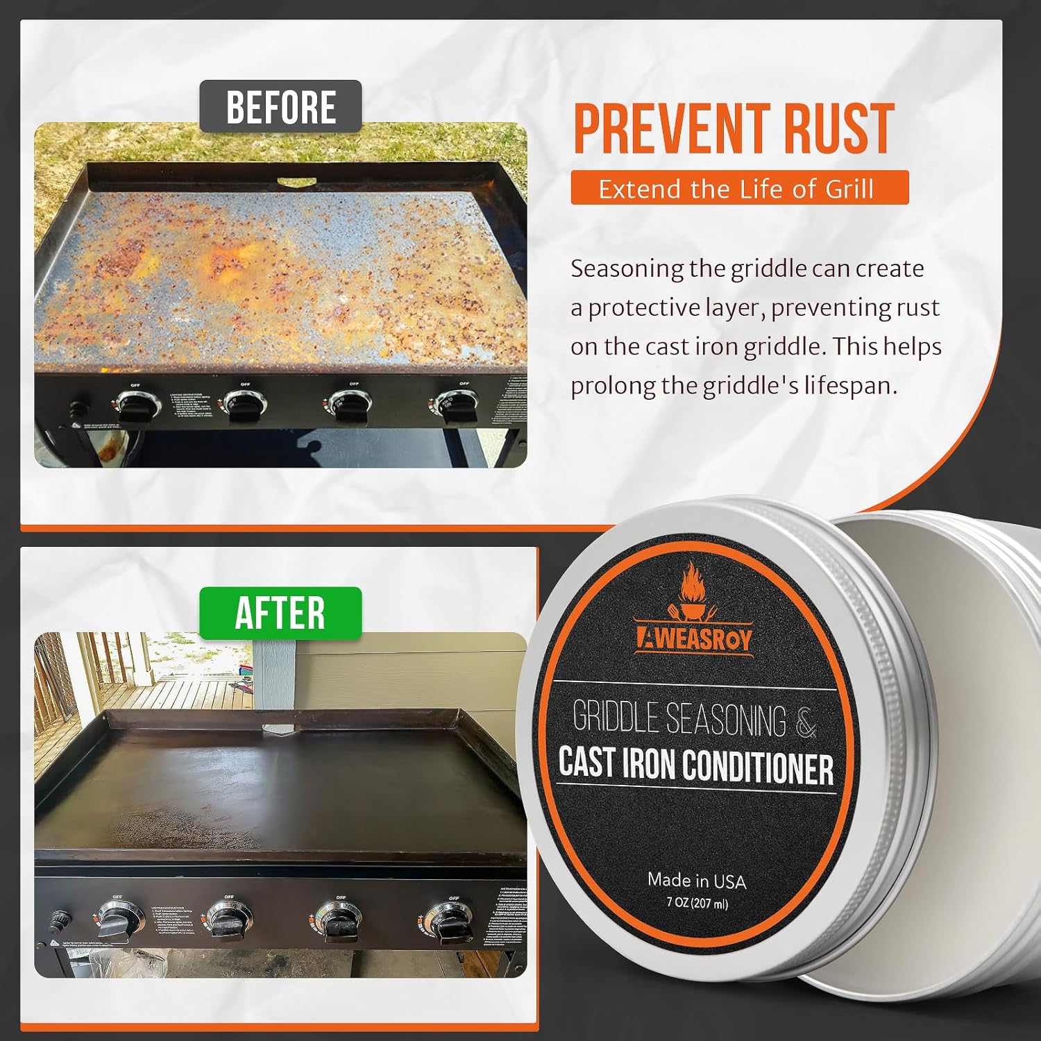 AWEASROY Griddle Seasoning Conditioner - Food Safe 7 OZ Care Kit with Rust Remover for Blackstone & Pans