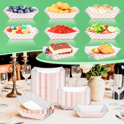 MotBach 100 Pack Checkered 1/4Lb Small Paper Food Boat Trays,Mini Disposable Paper Boats Containers,0.25Lb Tiny Kraft Food Serving Boat Tray for Snack Dessert Fries Sauce Taco Nacho