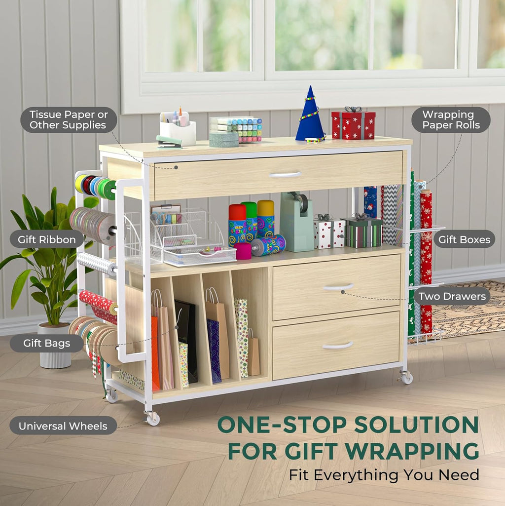 Skiennix Wrapping Paper Organizer - Craft Cart with Ribbon & Gift Bag Storage | 3 Wooden Drawers, Oak