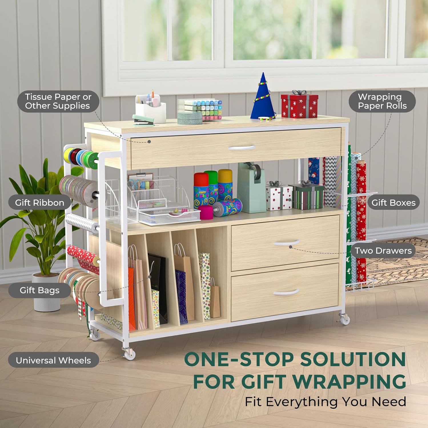 Skiennix Wrapping Paper Organizer - Stylish Craft Cart with Ribbon & Gift Bag Storage | 3 Wooden Drawers - Oak