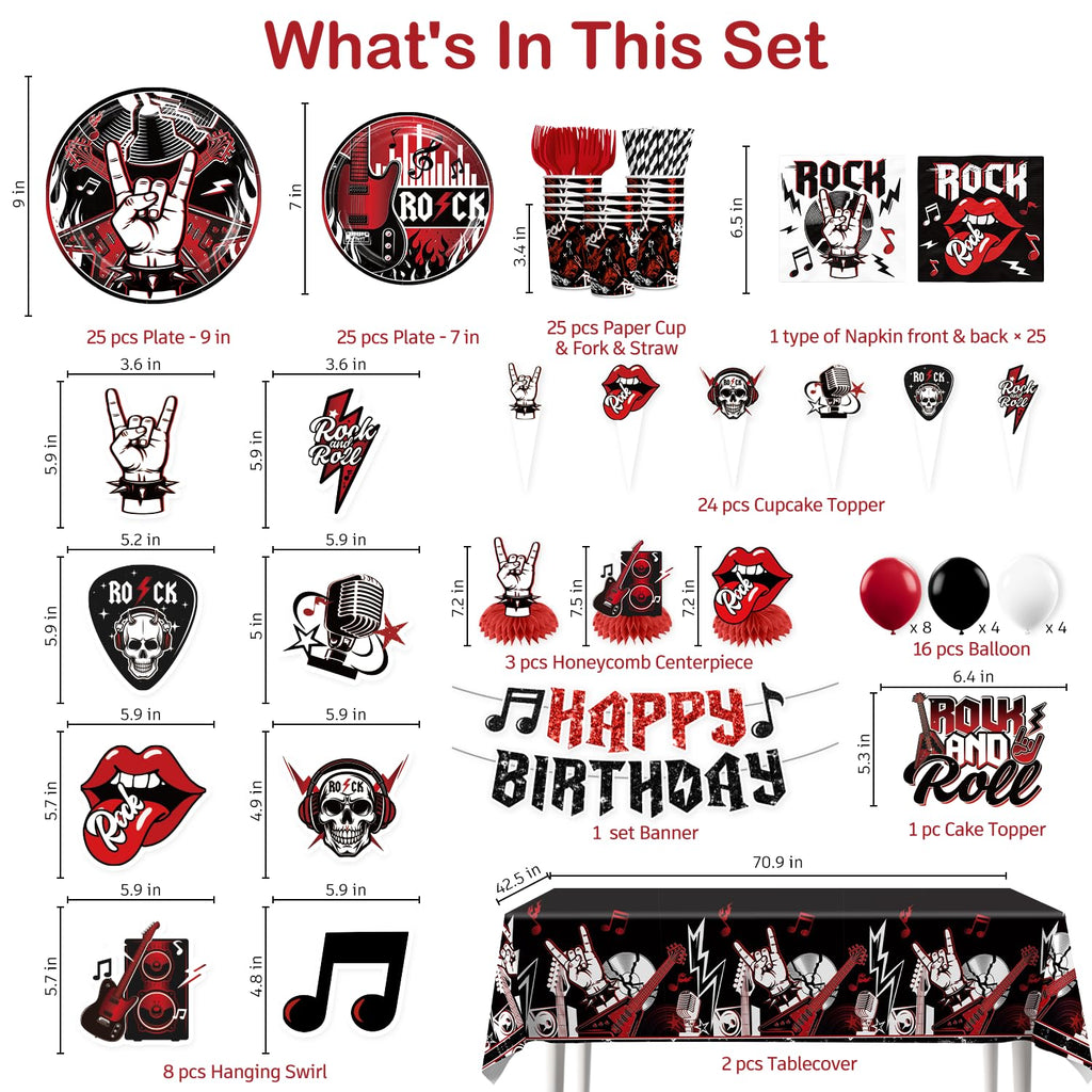 Xynic Rock and Roll Party Decorations, 207 PCS Rock n Roll Party Decorations Set with Plates, Cups, Napkins, Banner, 2 Tablecloths, Balloons, Music Birthday Decorations for Boys & Girls, Serves 25