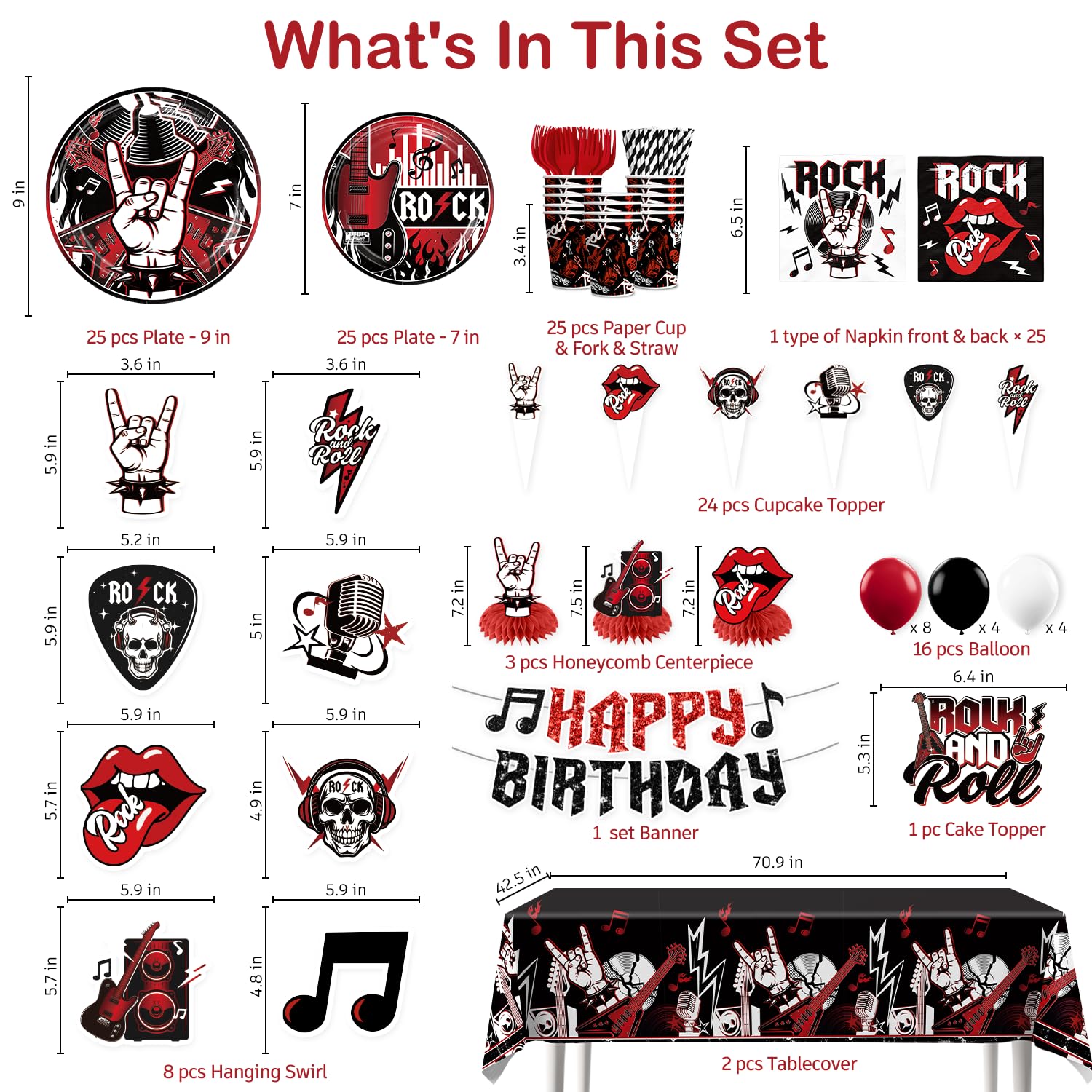 Xynic Rock and Roll Party Decorations, 207 PCS Rock n Roll Party Decorations Set with Plates, Cups, Napkins, Banner, 2 Tablecloths, Balloons, Music Birthday Decorations for Boys & Girls, Serves 25