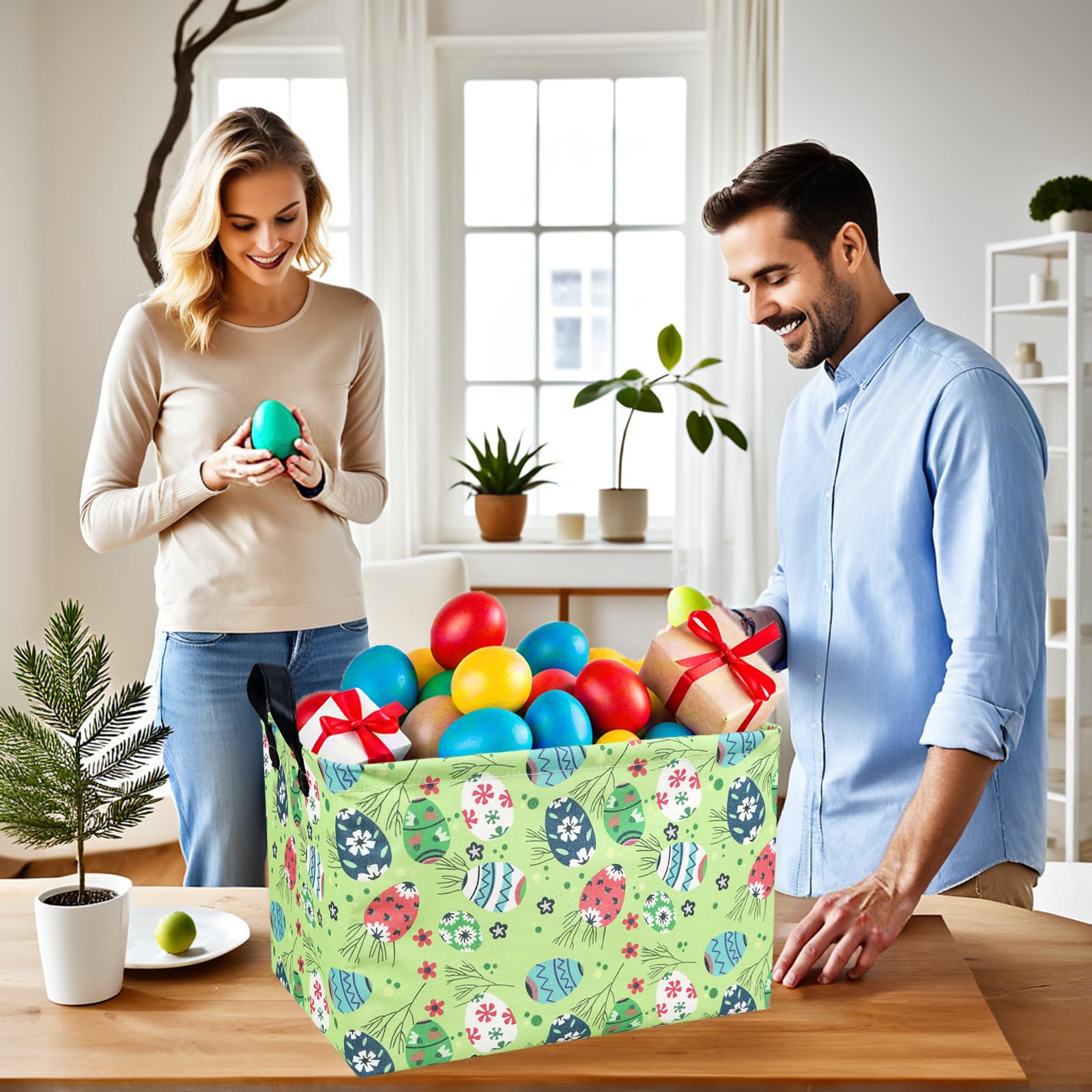 NIETEIN Kid Large Empty Easter Basket Personalized Fabric Easter Basket for Boy and Girl (Easter Egg Green Background)
