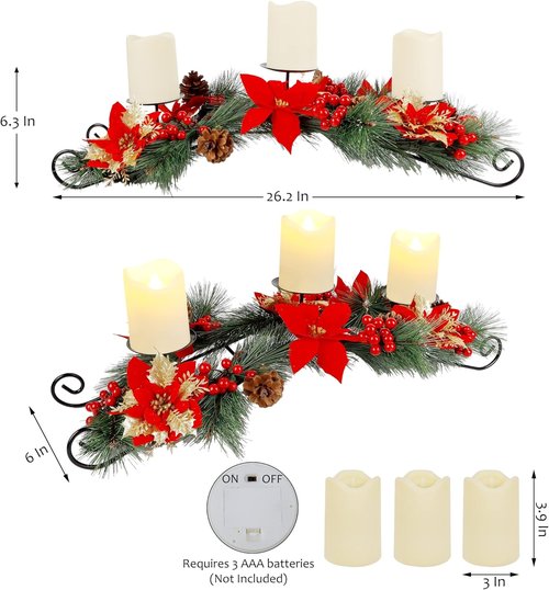 FORUP 26 Inch Christmas Centerpiece - Elegant Candle Holders with 3 Flameless Candles | Festive Table Decor