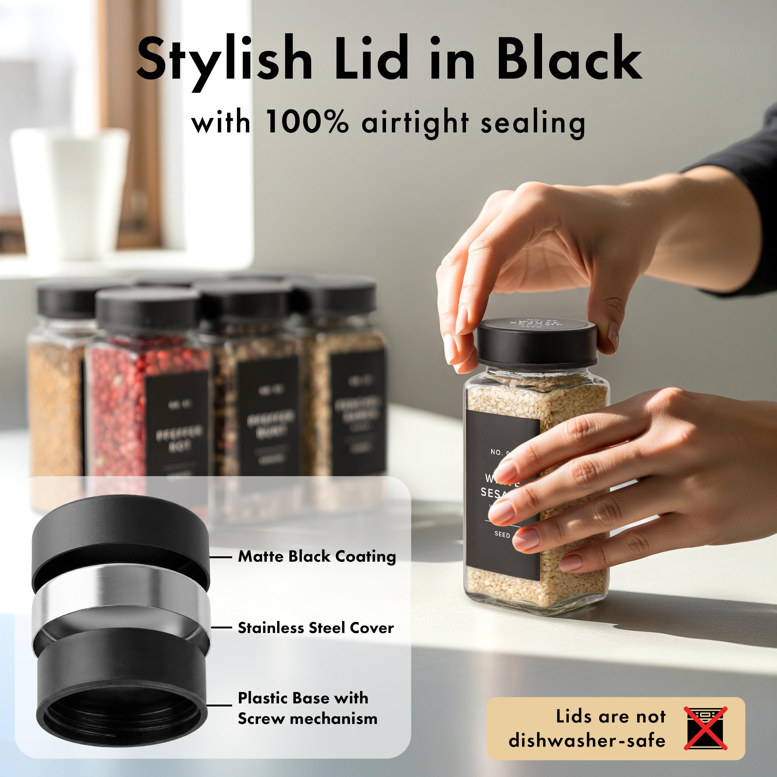 EDELHAUS Glass Spice Jars and Black Stainless Steel Lids (12 x 4oz) Spice Containers with Shaker Inserts - Add-On Pack Without Labels or Accessories