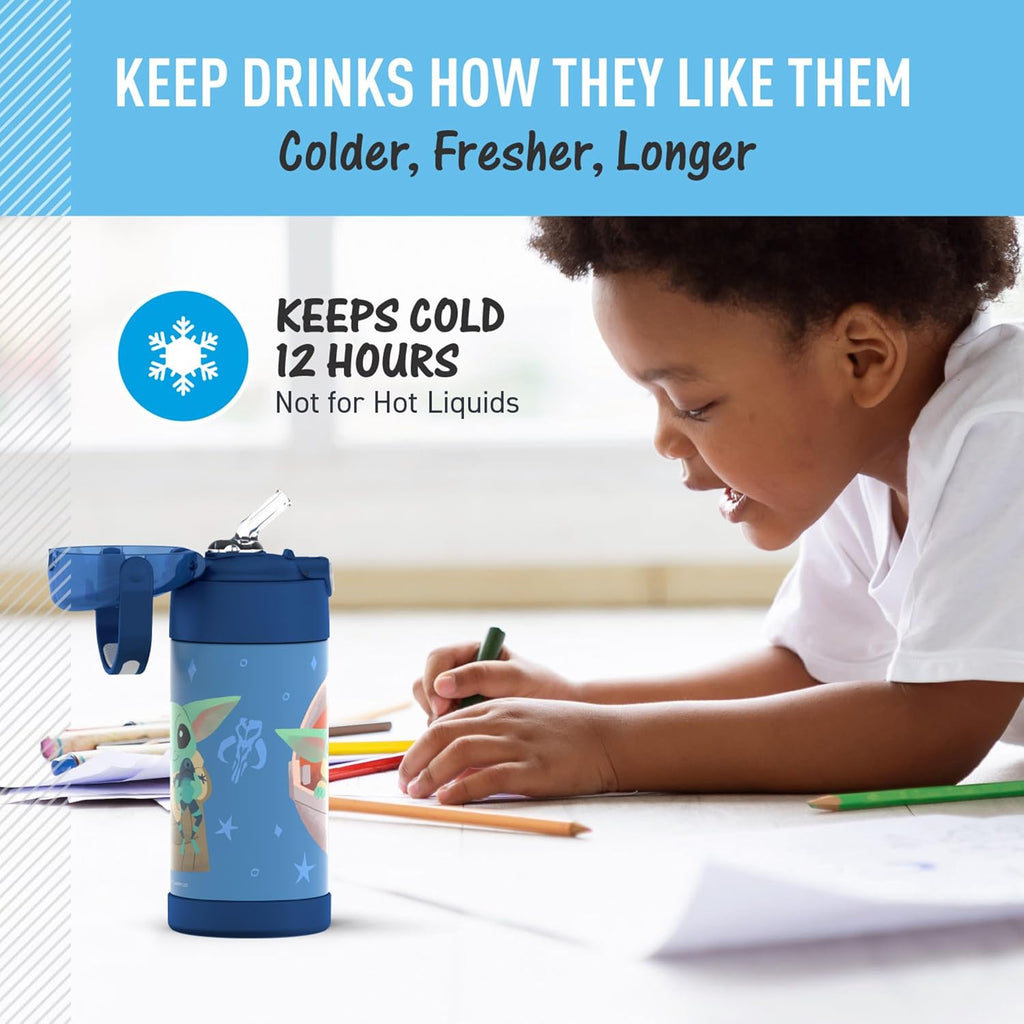 THERMOS FUNTAINER Water Bottle - 12 Ounce Kids Stainless Steel Vacuum Insulated with Straw | Mandalorian The Child