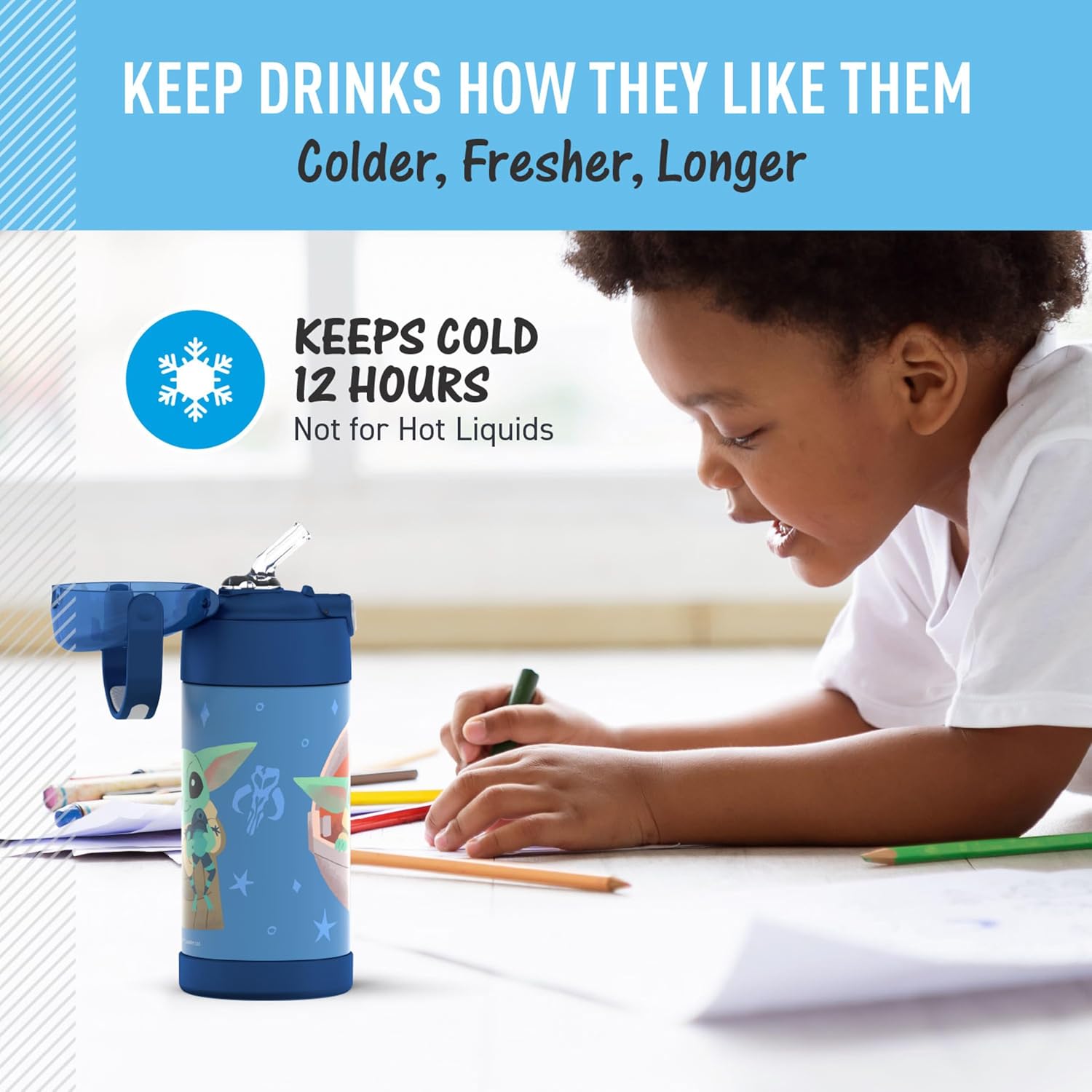 THERMOS FUNTAINER Water Bottle - 12 Ounce Kids Stainless Steel Vacuum Insulated with Straw | Mandalorian The Child