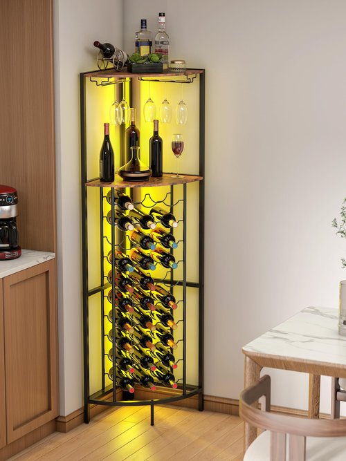Qriocioa Corner Wine Rack with Led Strip Light Freestanding Floor with Wine Glass Holder 30 Bottle Wine Holder Rack Industrial Corner Liquor Cabinet Bar for Home Bar Kitchen Living Room (Rustic Brown)