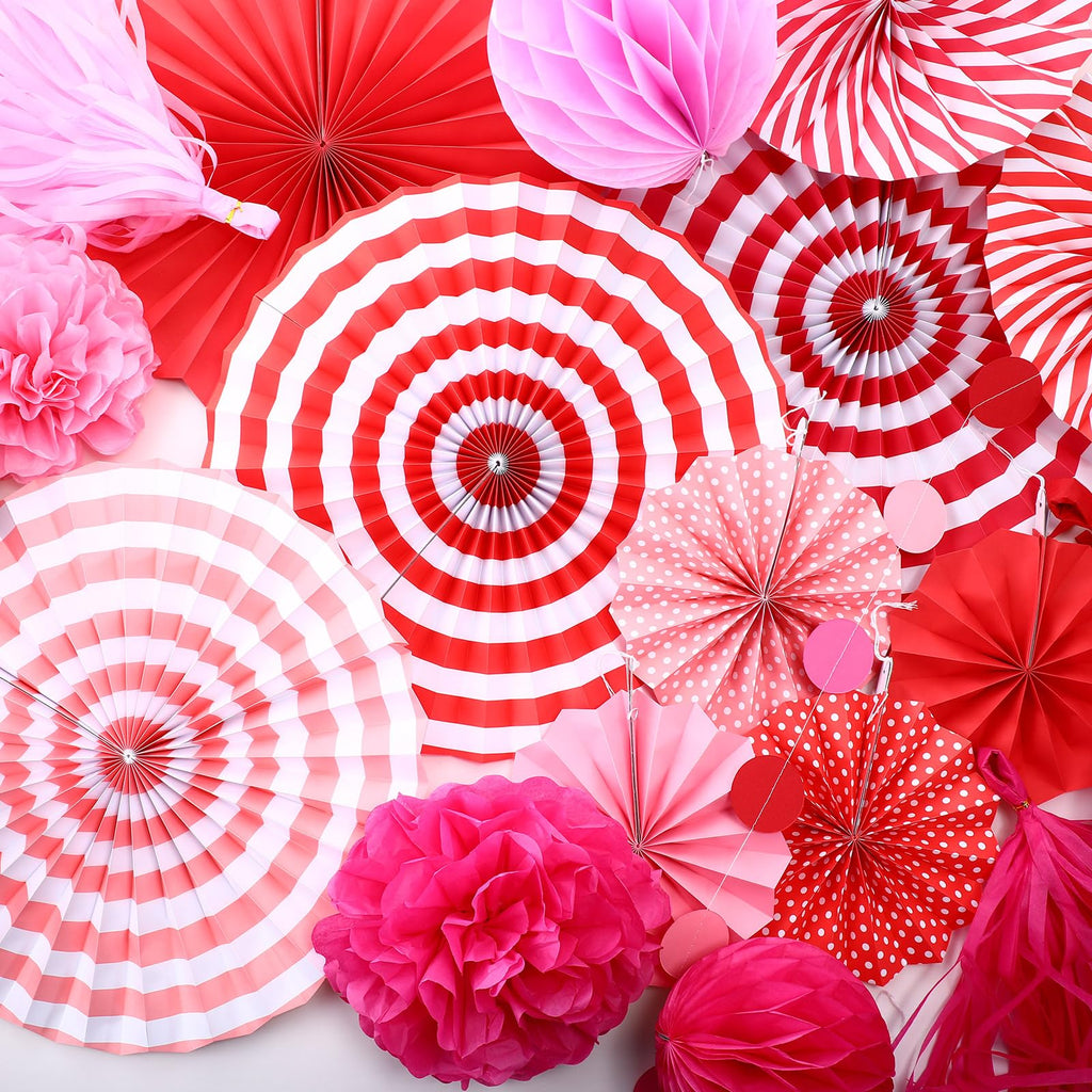 Epakh 50 Pcs Valentine's Day Decorations Paper Fans Valentine's Day Party Decoration Tassel Flowers Hanging Fans Garlands Red Pink Paper Poms Balls Streamer Decor for Wedding Birthday Bridal Shower