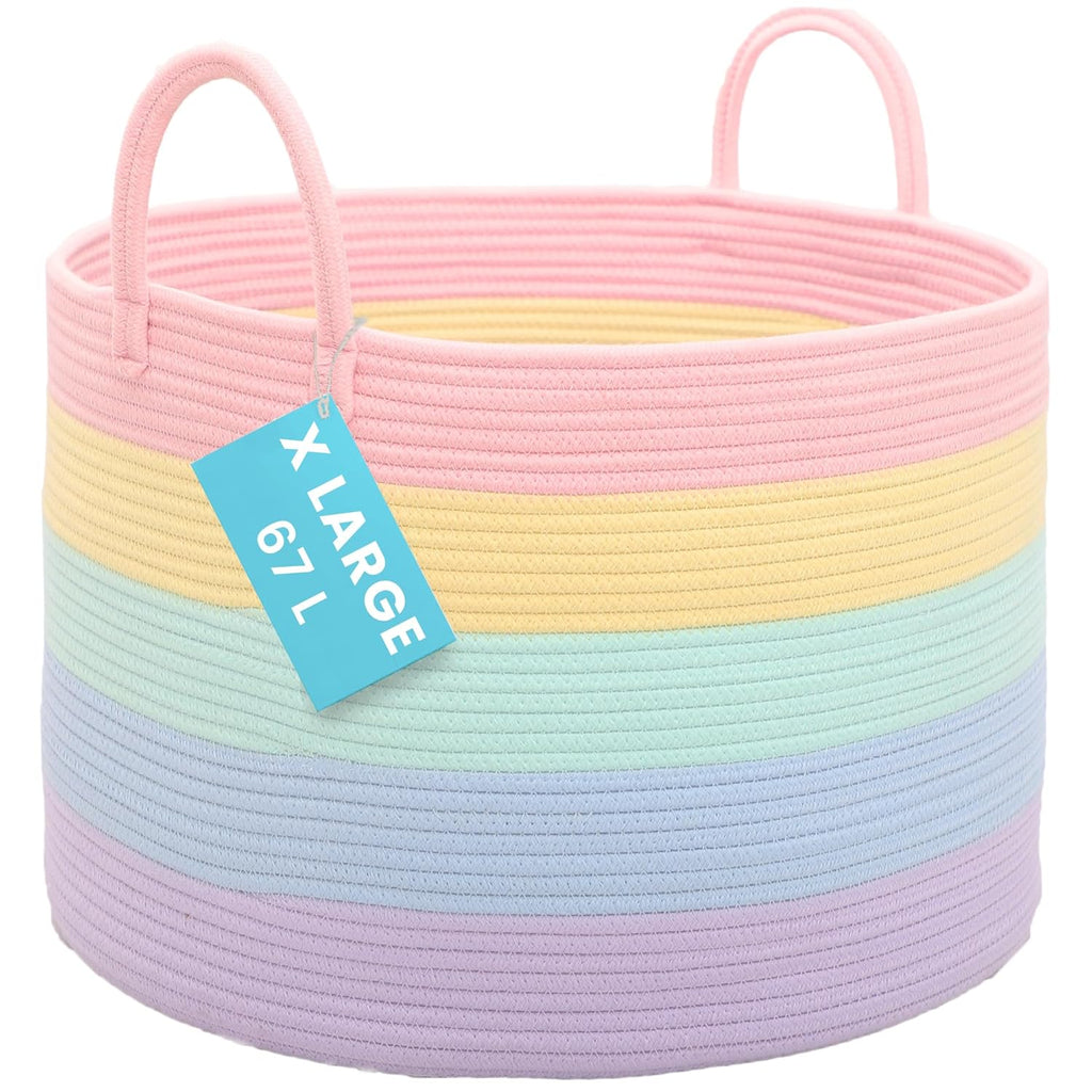 OrganiHaus Rainbow Blanket Basket - Extra Large Woven Laundry & Toy Storage Bin | 20"x13" Soft Round Design