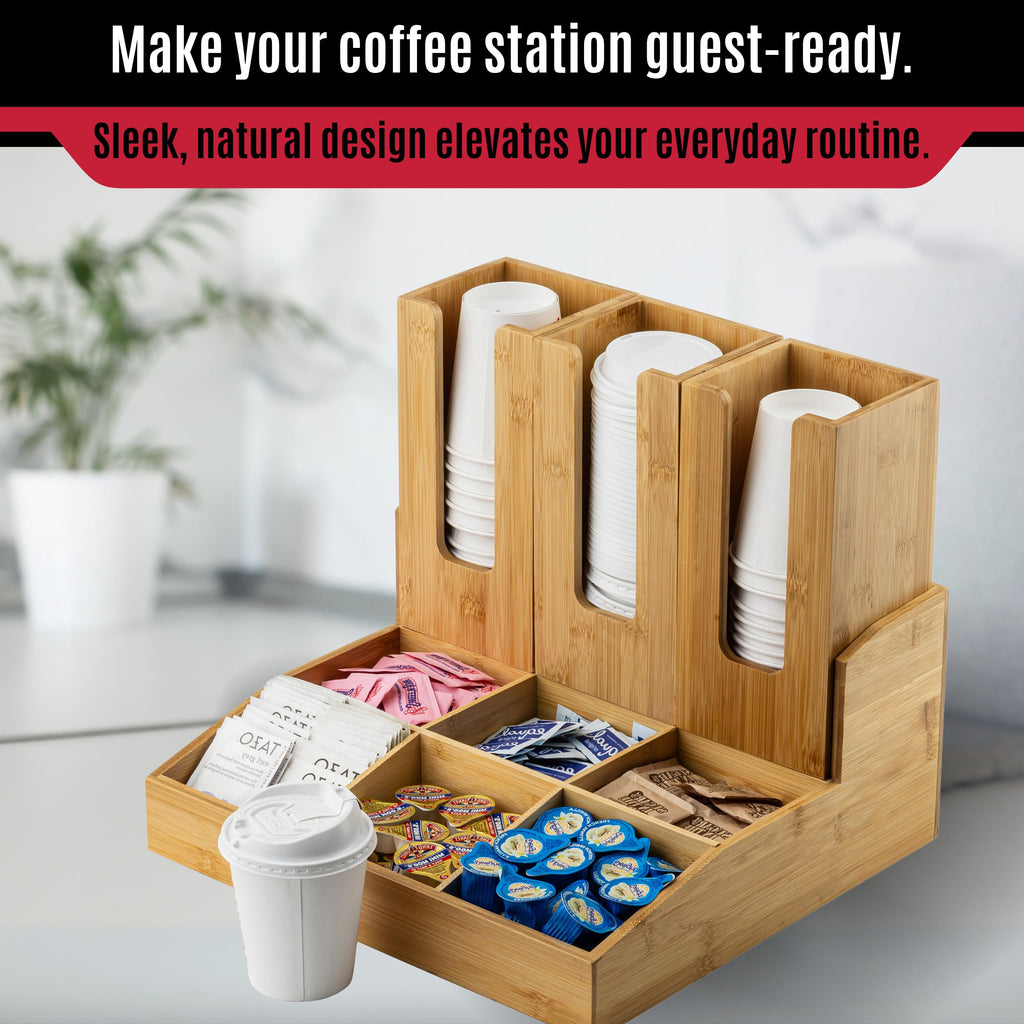 TableCraft 12689 Coffee Condiment Organizer, 9 Compartments with 3 Removable Cup/Lid Holders, Bamboo Wood, Ideal for Cafes, Breakfast Buffets, and Restaurants