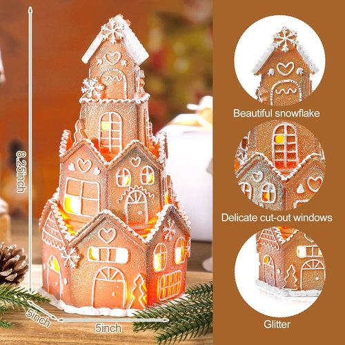 Beeveer LED Gingerbread House Decoration - Festive Resin Xmas Village Figurine | 5 x 5 x 8.25 Inch