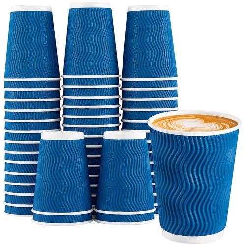 Lamosi 12 oz Insulated Coffee Cups Disposable - 50 Count Blue Paper Coffee Cups No Lids 12oz, Corrugated Ripple Wall Design for Hot Cold Drinks